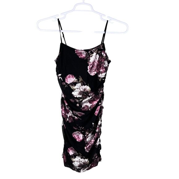 Black Foiled Pink Floral Ruched Mini Dress Bodycon Coquette Whimsigoth Womens S - Picture 8 of 16